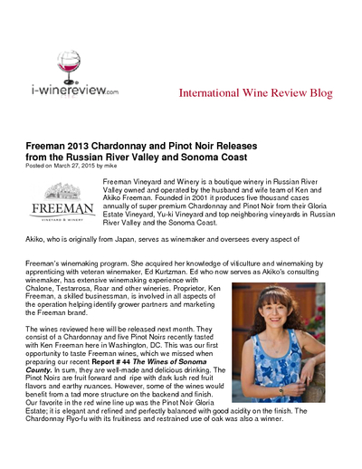 International Wine Review Blog
Freeman 2013 Chardonnay and Pinot Noir Releases from the Russian River Valley and Sonoma Coast cover