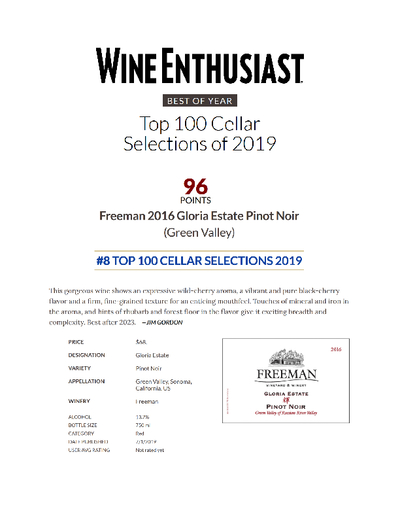 2016 Gloria Estate Pinot Noir Awarded
96 Points  by the Wine Enthusiast &
#8 on the its Top 100 Cellar Selections for 2019 cover