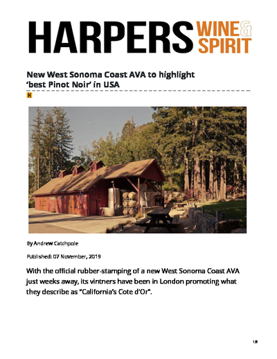 Freeman Wines Featured in UK's Harpers Wine & Spirit:
New West Sonoma Coast AVA to highlight ‘best Pinot Noir’ in USA
 cover