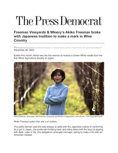 Freeman Vineyards & Winery’s Akiko Freeman broke with Japanese tradition to make a mark in Wine Country cover