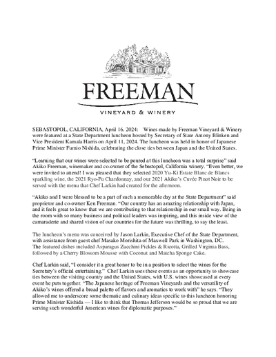 Freeman Wines poured at State Department Luncheon in honor of the Japanese Prime Minister cover