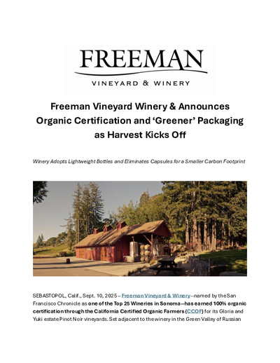 Freeman Vineyard Winery & Announces Organic Certification and ‘Greener’ Packaging as Harvest Kicks Off cover