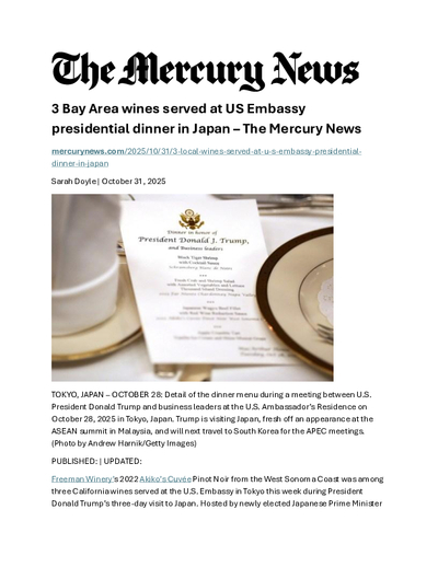 Freeman Pinot Noir Featured at U.S. Embassy Presidential Dinner in Japan cover