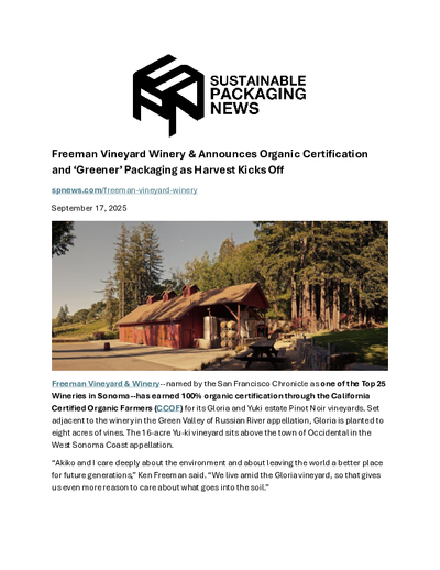 Freeman Winery Celebrates Organic Certification and Sustainable Packaging Advances cover
