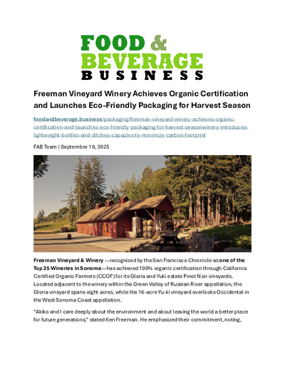 Freeman Winery Pairs Organic Certification with Sustainable Packaging Initiative cover