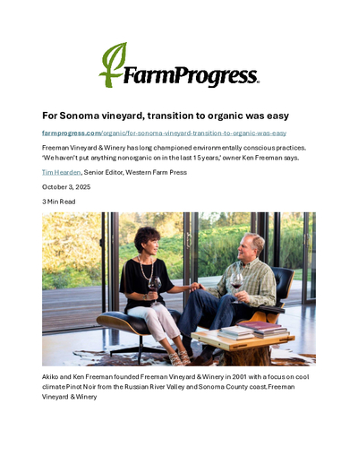 Freeman Vineyard & Winery Earns Organic Certification for Estate Vineyards cover