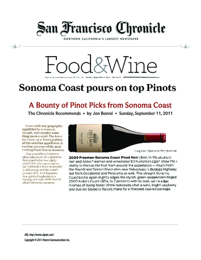 A Bounty of Pinot Picks from Sonoma Coast,
2009 Freeman Sonoma Coast Pinot Noir cover