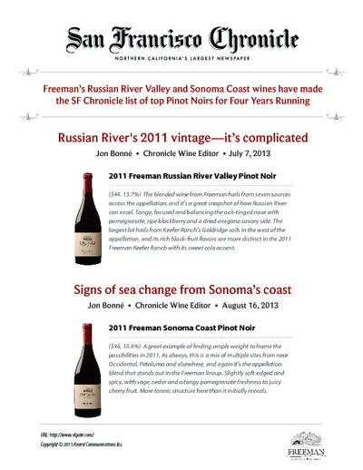 Freeman's Russian River Valley and Sonoma Coast wines have made the SF Chronicle list of top Pinot Noirs for Four Years Running
 cover