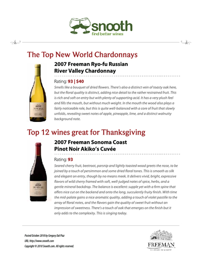 The Top 12 wines great for Thanksgiving:
2007 Freeman Sonoma Coast Pinot Noir Akiko's Cuvee.  cover