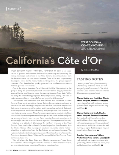 The 2012 Pinot Noir, Sonoma Coast Featured in "California’s Côte d’Or" cover
