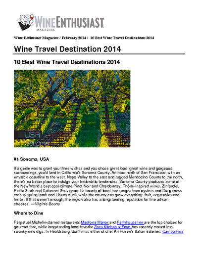 Sonoma ranked #1 in Wine Enthusiast's 
"10 Best Wine Travel Destinations 2014" cover