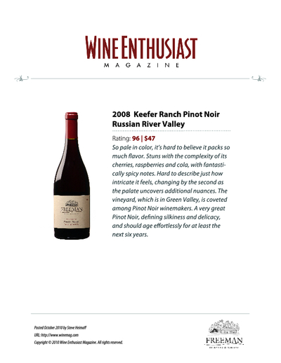96 pts for the Freeman's
2008 Keefer Ranch Pinot Noir Russian River valley cover