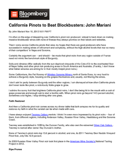 California Pinots to Beat Blockbusters: John Mariani cover