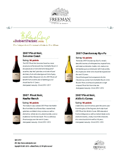 Robert Parker:
92 pts for the Ryo Fu and 90 pts for Freeman Pinot Noirs cover