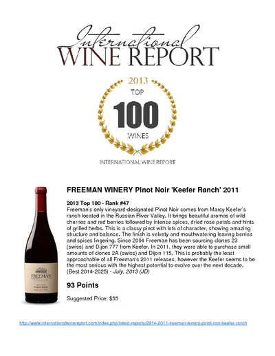 FREEMAN WINERY Pinot Noir 'Keefer Ranch' 2011
2013 Top 100 - Rank #47 cover