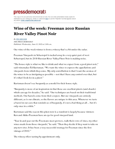 Wine of the week: Freeman 2010 Russian River Valley Pinot Noir cover